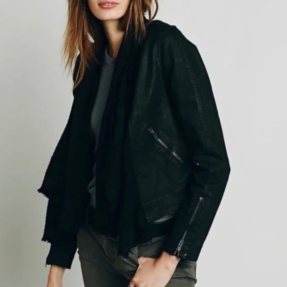 Free People Denim Moto Jacket Women's Size 6 Black Leather Shawl Waterfall